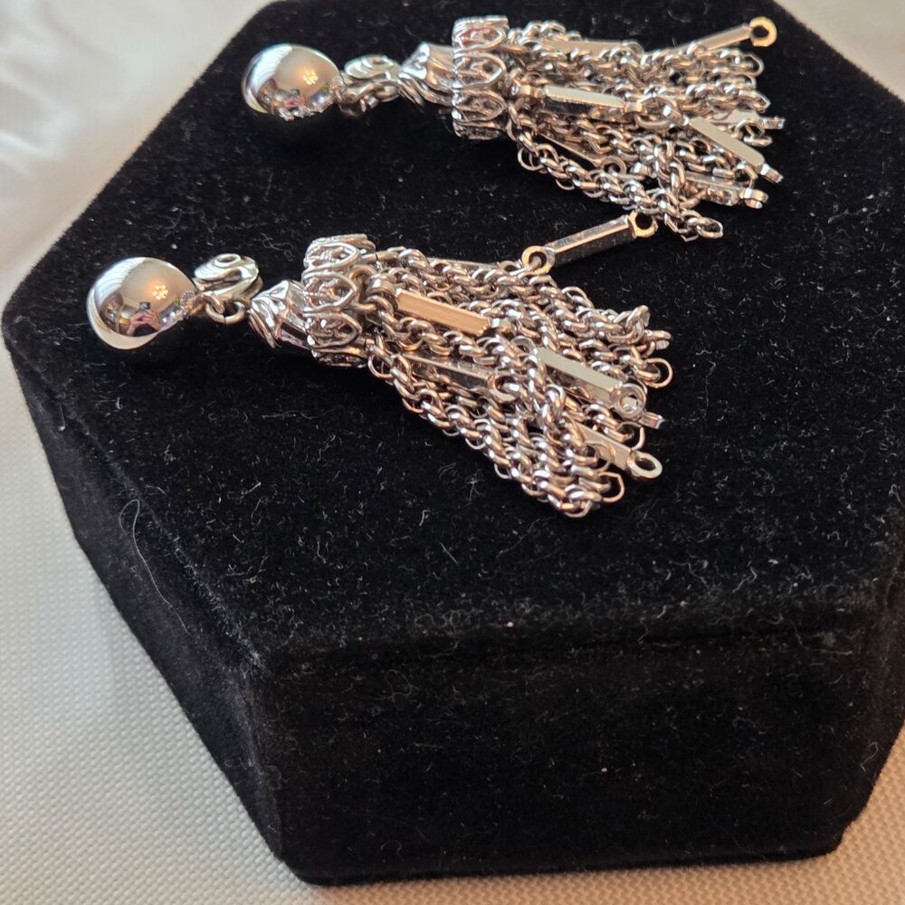 Vintage Monet Silver Tassel Earrings - Picture 2 of 7